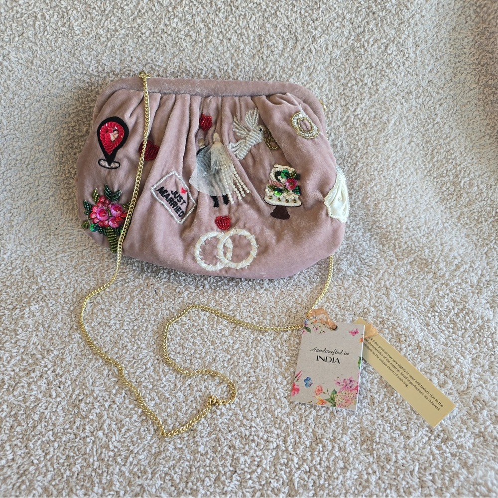 "Just Married" Mauve Velvet Beaded Sequin Rhinestone Clutch Purse Or Crossbody - Picture 1 of 16